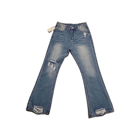 PANTALON Distressed Blue Wide-Leg Denim Jeans L Streetwear Y2K Sexy Designer - Picture 1 of 9